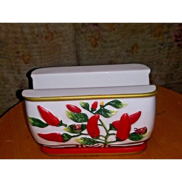 Vintage ceramic Napkin Holder red pepper red chillies embossed Unique Rare EUC - Picture 3 of 7